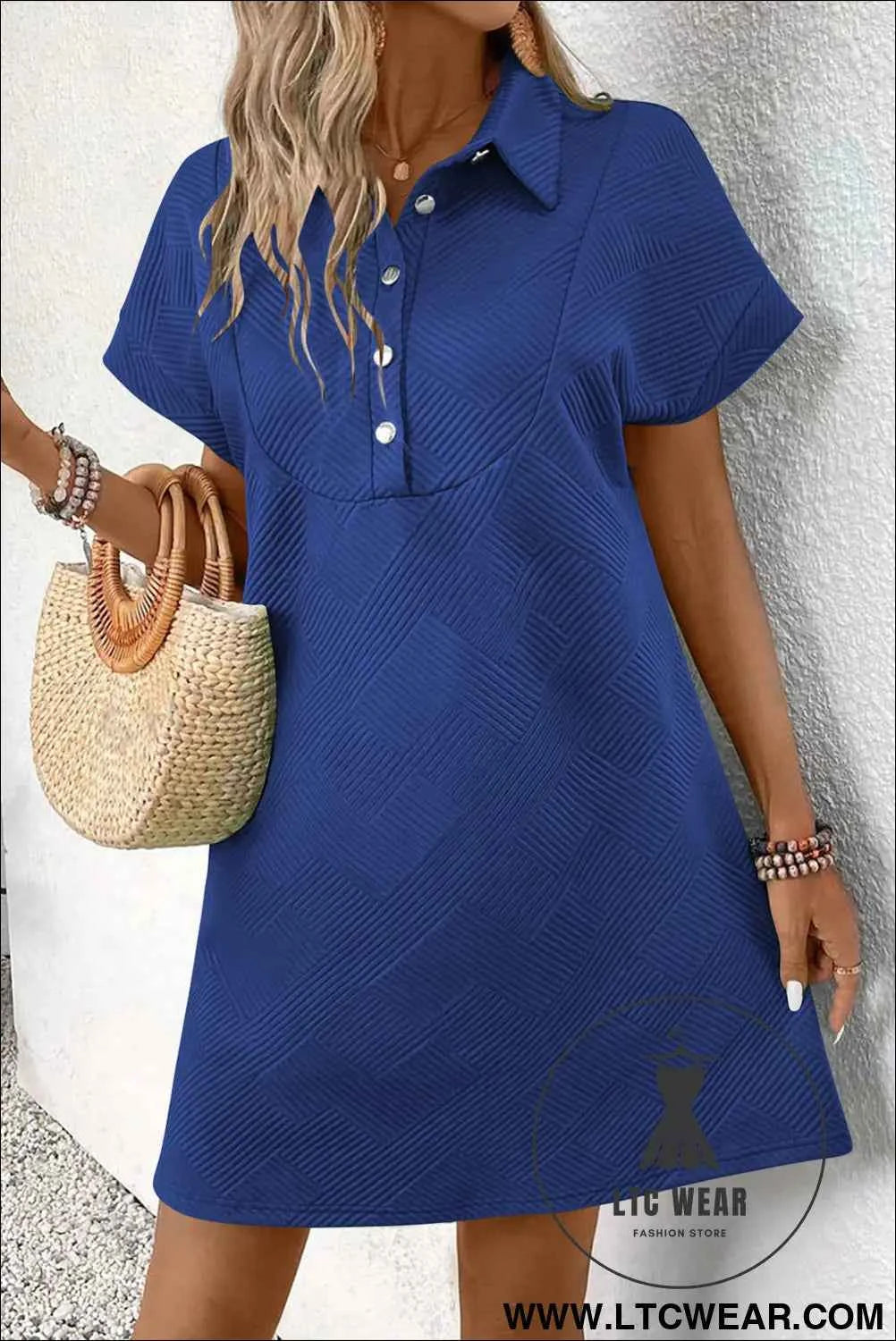 Sky Blue Solid Color Textured Short Sleeve A Line Mini Dress