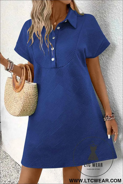 Sky Blue Solid Color Textured Short Sleeve A Line Mini Dress