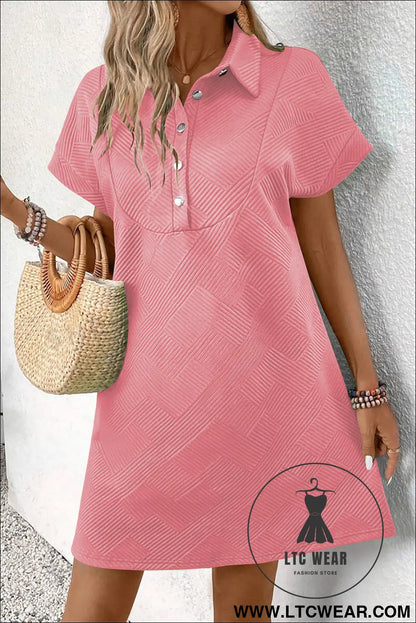 Sky blue solid color textured short sleeve a line mini dress - peach blossom / l / 97% polyester + 3% elastane - mini