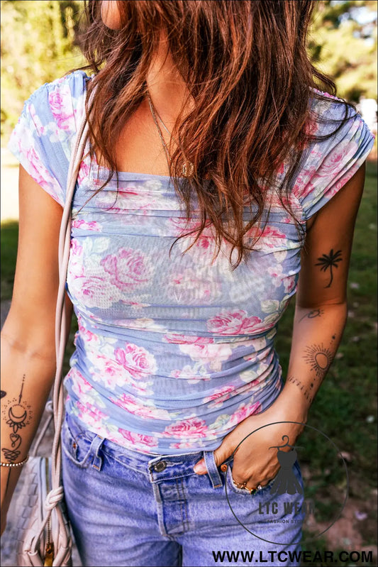 Sky blue square neck cap sleeve ruched floral mesh top - sky blue / l / 95% polyester + 5% elastane - tops & tees