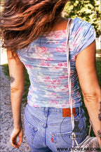 Sky blue square neck cap sleeve ruched floral mesh top - tops & tees