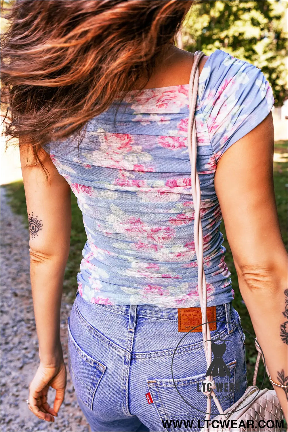 Sky blue square neck cap sleeve ruched floral mesh top - tops & tees