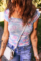 Sky blue square neck cap sleeve ruched floral mesh top - tops & tees
