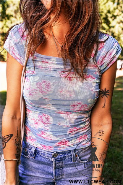 Sky blue square neck cap sleeve ruched floral mesh top - tops & tees