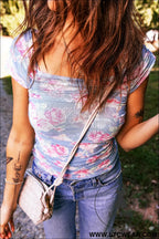 Sky blue square neck cap sleeve ruched floral mesh top - tops & tees