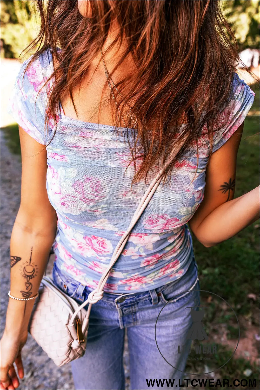 Sky blue square neck cap sleeve ruched floral mesh top - tops & tees