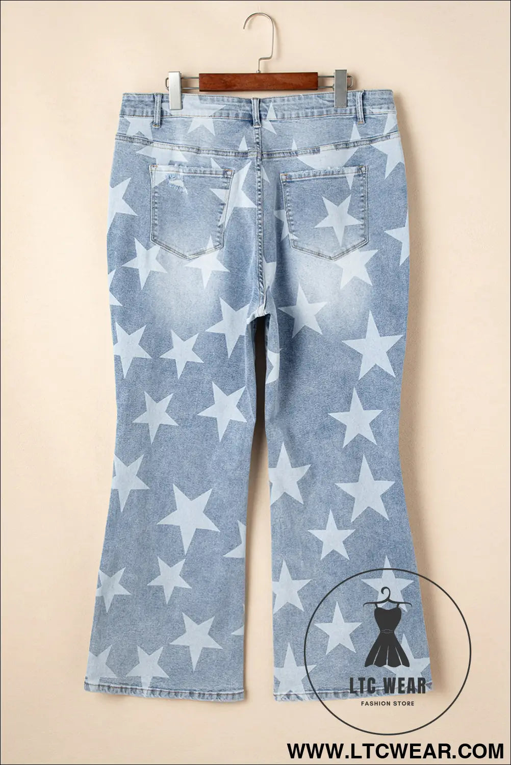 Sky blue star print multi buttons slit knee destroyed plus size jeans - plus size bottoms