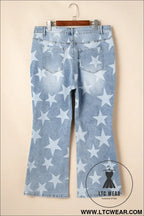 Sky blue star print multi buttons slit knee destroyed plus size jeans - plus size bottoms