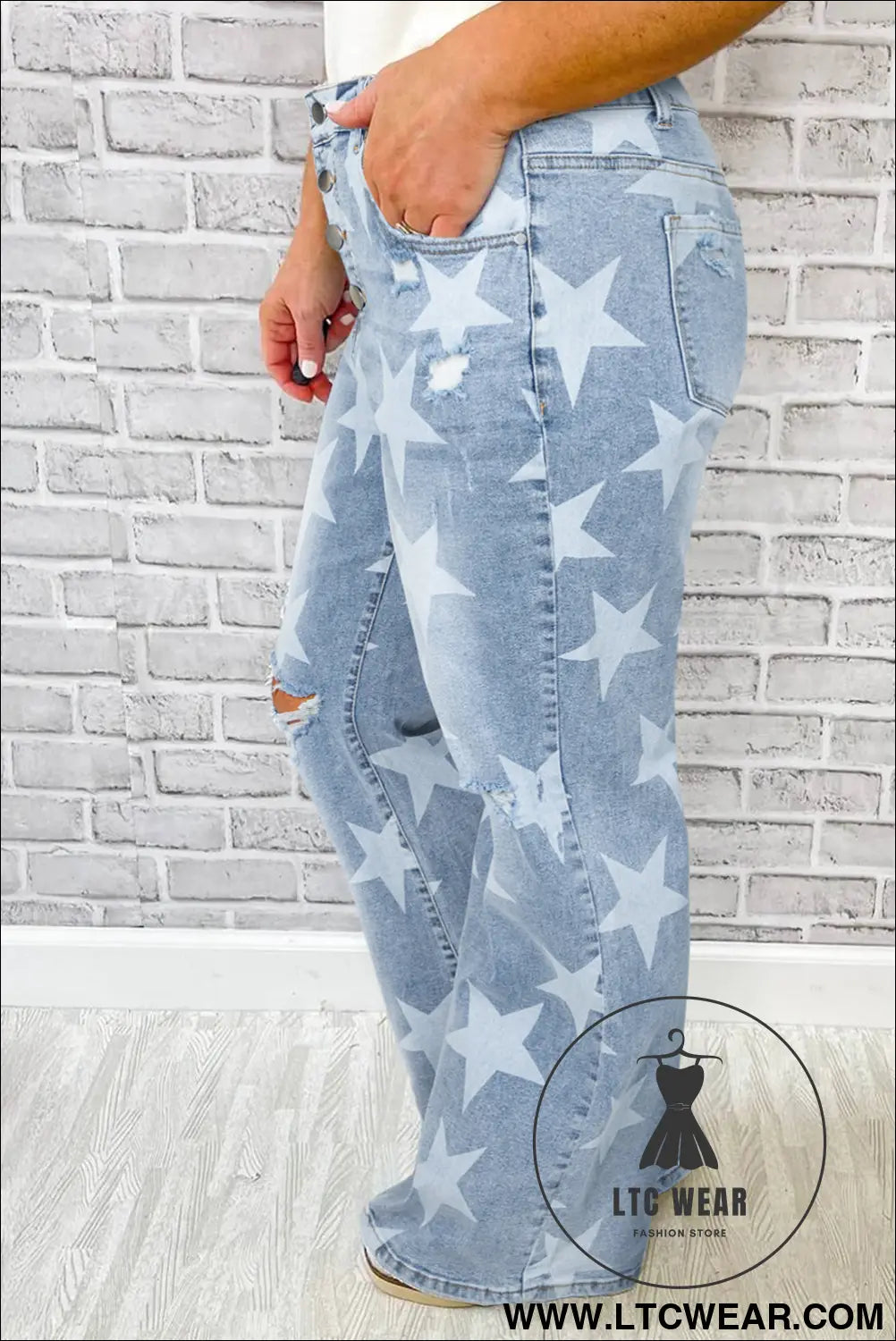 Sky blue star print multi buttons slit knee destroyed plus size jeans - plus size bottoms