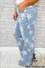 Sky blue star print multi buttons slit knee destroyed plus size jeans - plus size bottoms