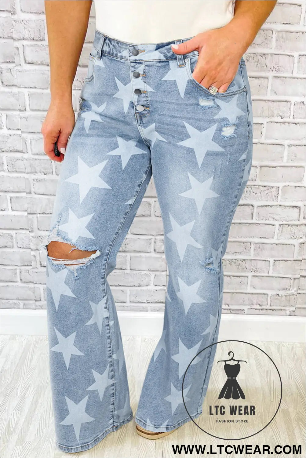 Sky blue star print multi buttons slit knee destroyed plus size jeans - sky blue / 1x / 72% cotton + 26% polyester + 2%