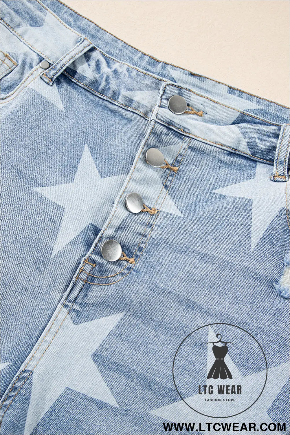 Sky blue star print multi buttons slit knee destroyed plus size jeans - plus size bottoms