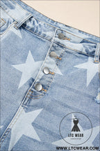 Sky blue star print multi buttons slit knee destroyed plus size jeans - plus size bottoms