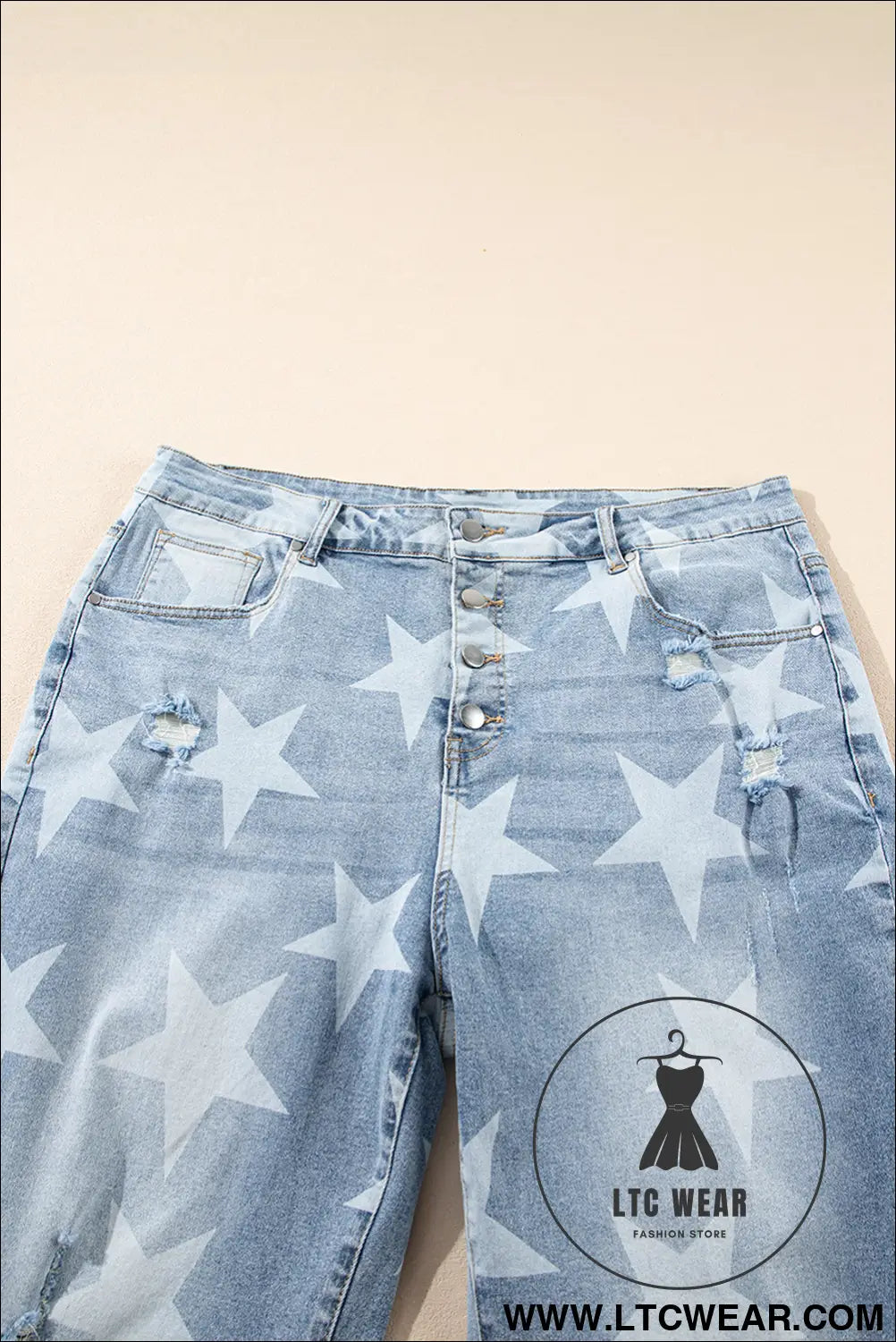 Sky blue star print multi buttons slit knee destroyed plus size jeans - plus size bottoms