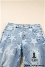 Sky blue star print multi buttons slit knee destroyed plus size jeans - plus size bottoms