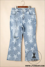 Sky blue star print multi buttons slit knee destroyed plus size jeans - plus size bottoms