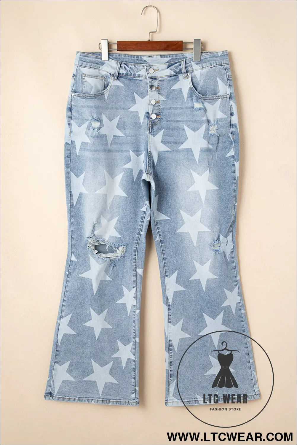 Sky blue star print multi buttons slit knee destroyed plus size jeans - plus size bottoms