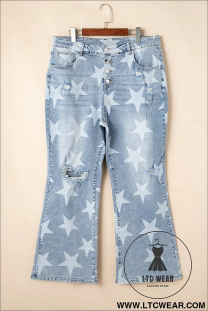 Sky blue star print multi buttons slit knee destroyed plus size jeans - plus size bottoms