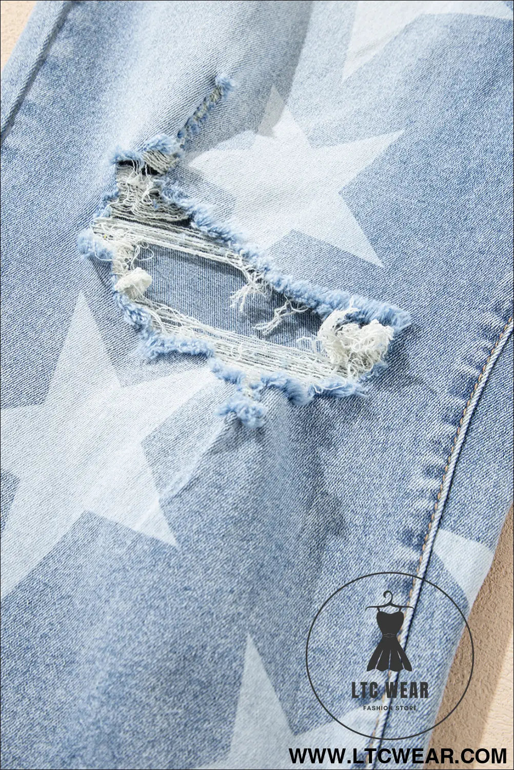 Sky blue star print multi buttons slit knee destroyed plus size jeans - plus size bottoms