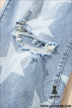 Sky blue star print multi buttons slit knee destroyed plus size jeans - plus size bottoms