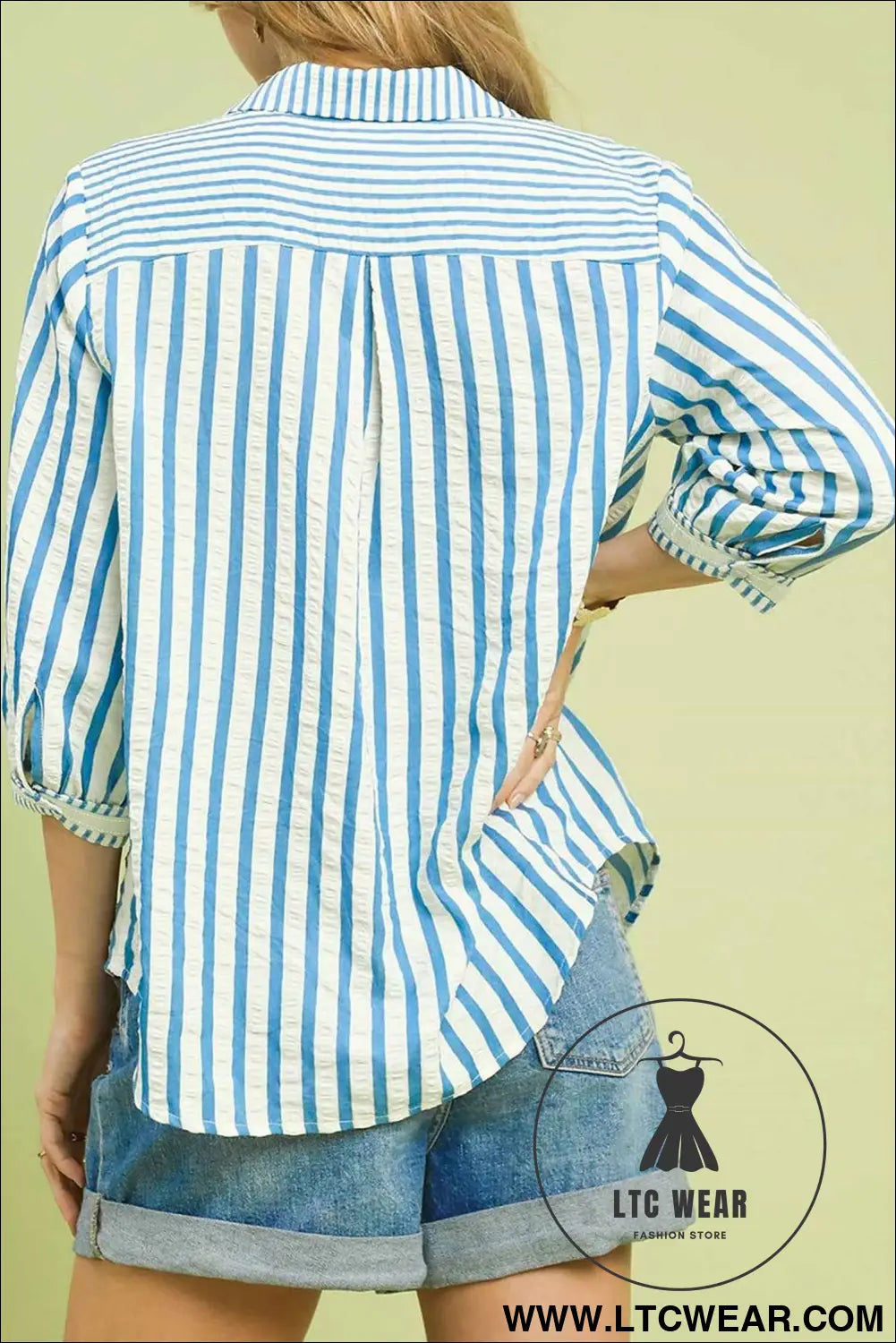 Sky Blue Stripe 3/4 Sleeve Collared Neck Blouse
