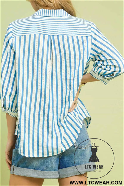Sky Blue Stripe 3/4 Sleeve Collared Neck Blouse