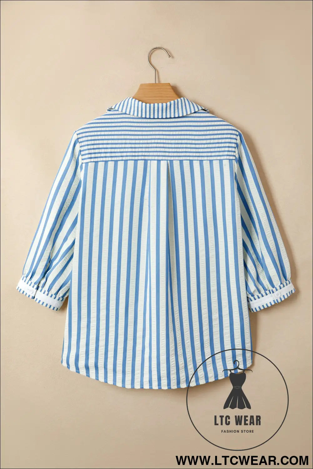 Sky Blue Stripe 3/4 Sleeve Collared Neck Blouse - L.T.C Wear Online Fashion Store