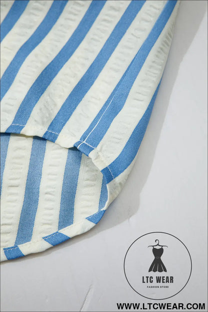 Sky Blue Stripe 3/4 Sleeve Collared Neck Blouse - L.T.C Wear Online Fashion Store
