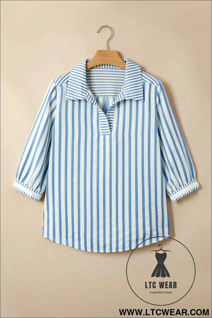 Sky Blue Stripe 3/4 Sleeve Collared Neck Blouse