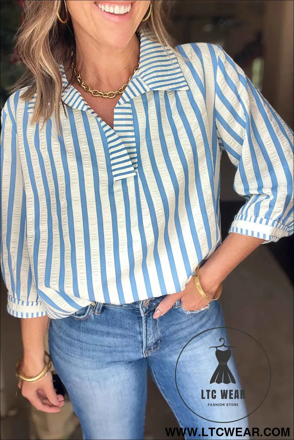 Sky Blue Stripe 3/4 Sleeve Collared Neck Blouse