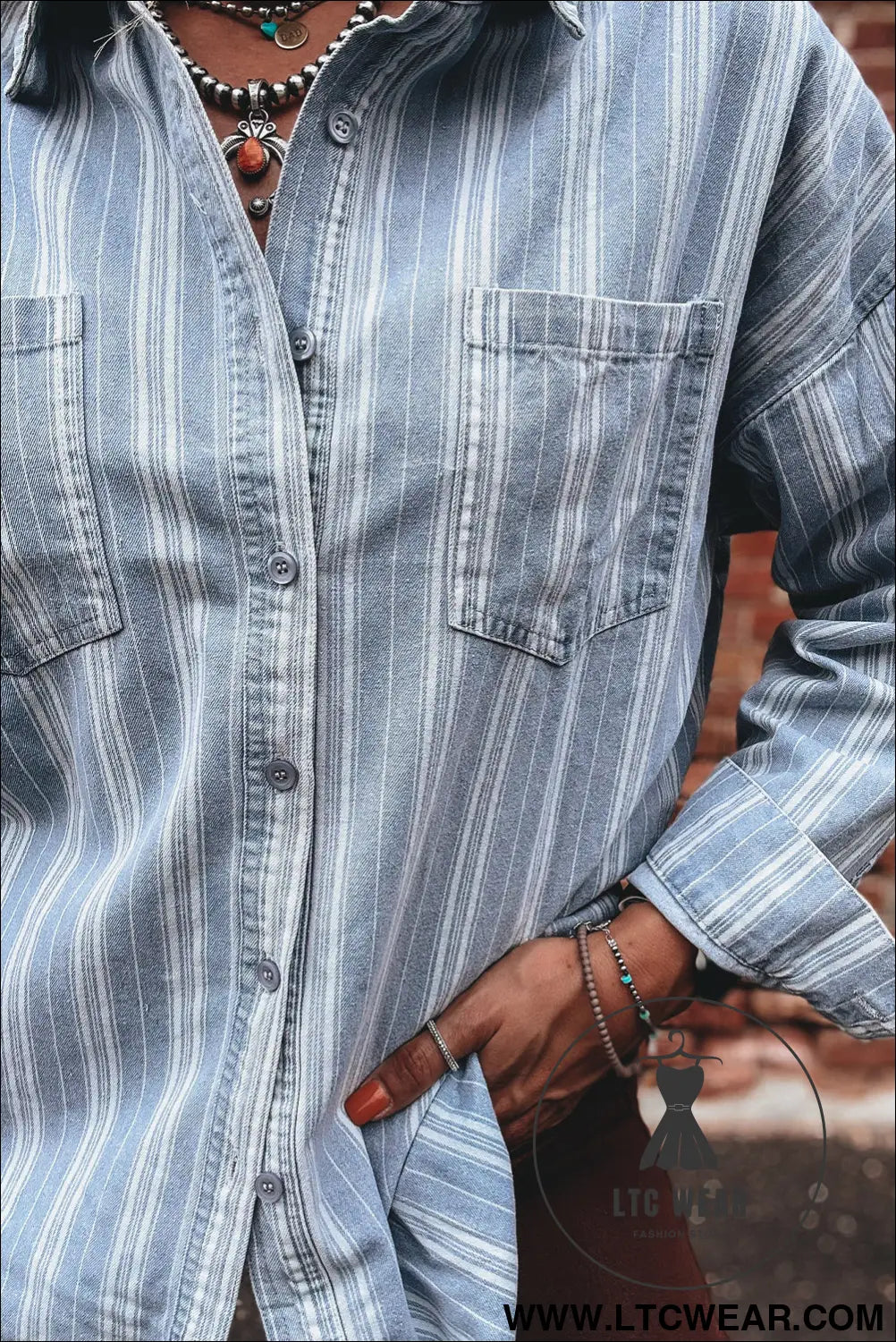 Sky blue stripe boyfriend chest pocket classic denim shacket - denim jackets