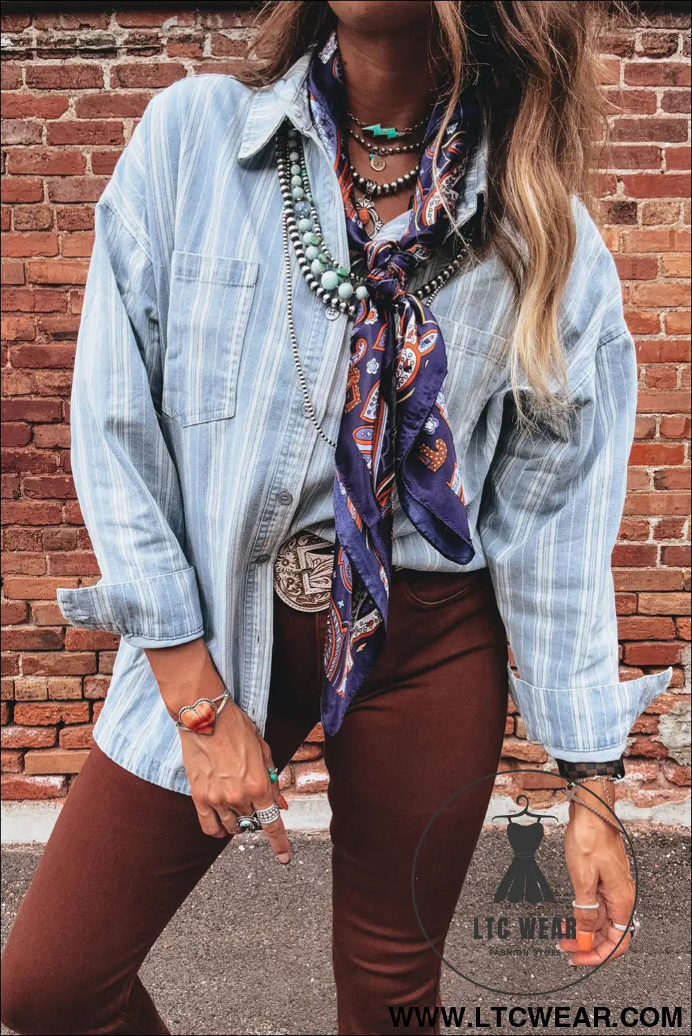 Sky blue stripe boyfriend chest pocket classic denim shacket - denim jackets