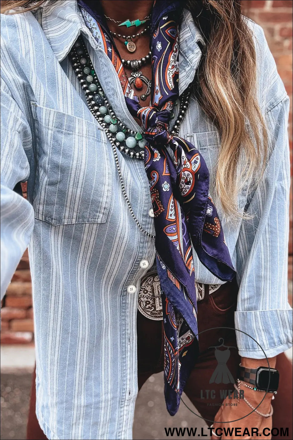 Sky blue stripe boyfriend chest pocket classic denim shacket - denim jackets