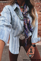 Sky blue stripe boyfriend chest pocket classic denim shacket - denim jackets