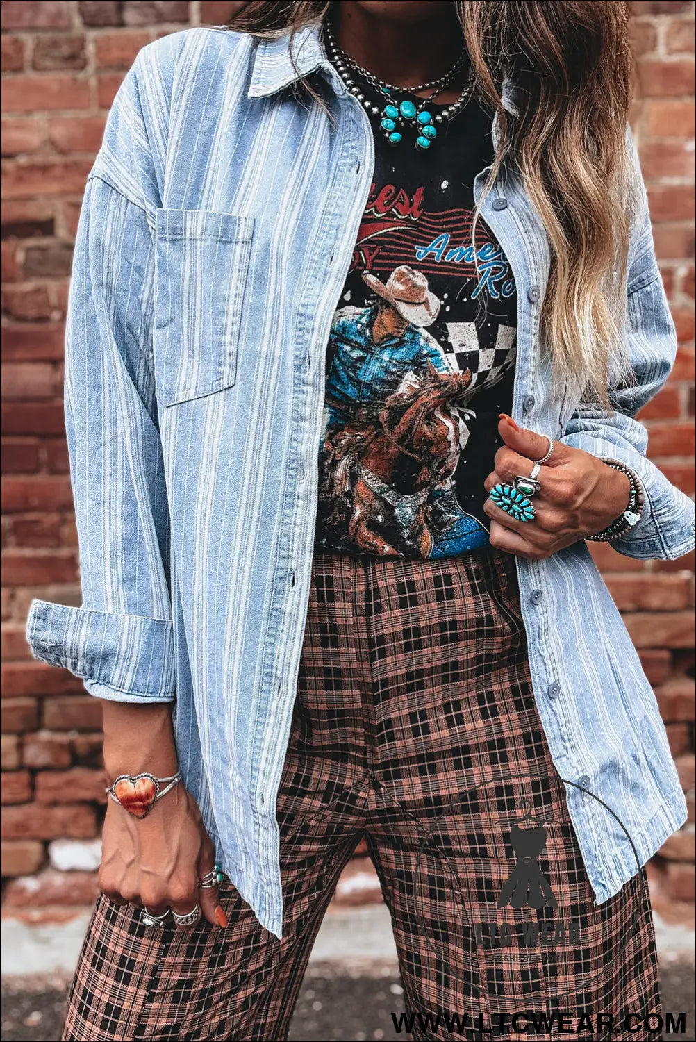 Sky blue stripe boyfriend chest pocket classic denim shacket - denim jackets