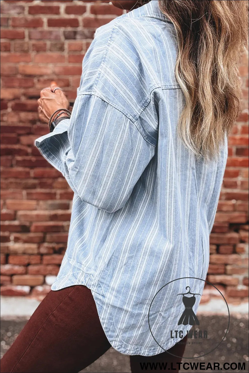 Sky blue stripe boyfriend chest pocket classic denim shacket - denim jackets