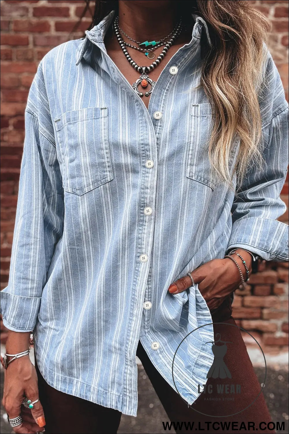 Sky blue stripe boyfriend chest pocket classic denim shacket - sky blue stripe / l / 93% cotton + 4.5% polyester + 2.5%