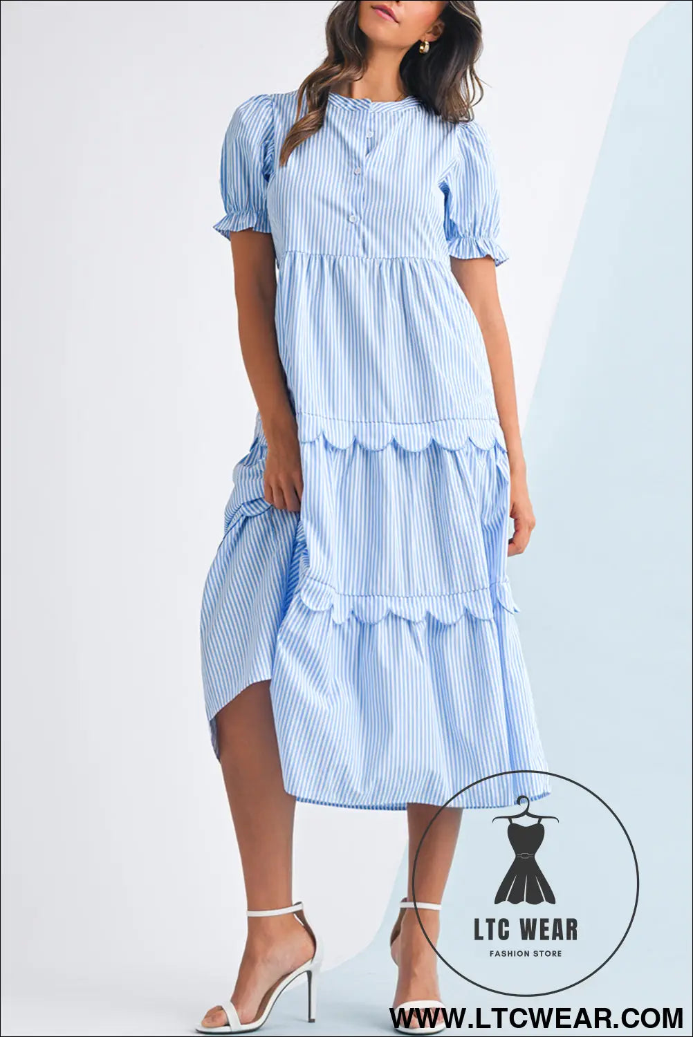 Sky blue stripe bubble sleeve scallop tiered dress - sky blue stripe / l / 65% polyester + 35% cotton - maxi dresses