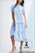Sky blue stripe bubble sleeve scallop tiered dress - sky blue stripe / l / 65% polyester + 35% cotton - maxi dresses