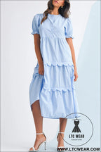Sky blue stripe bubble sleeve scallop tiered dress - sky blue stripe / l / 65% polyester + 35% cotton - maxi dresses