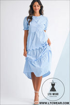 Sky blue stripe bubble sleeve scallop tiered dress - maxi dresses