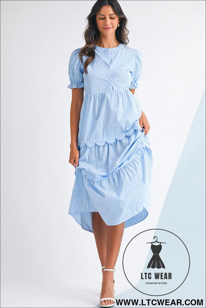 Sky blue stripe bubble sleeve scallop tiered dress - maxi dresses