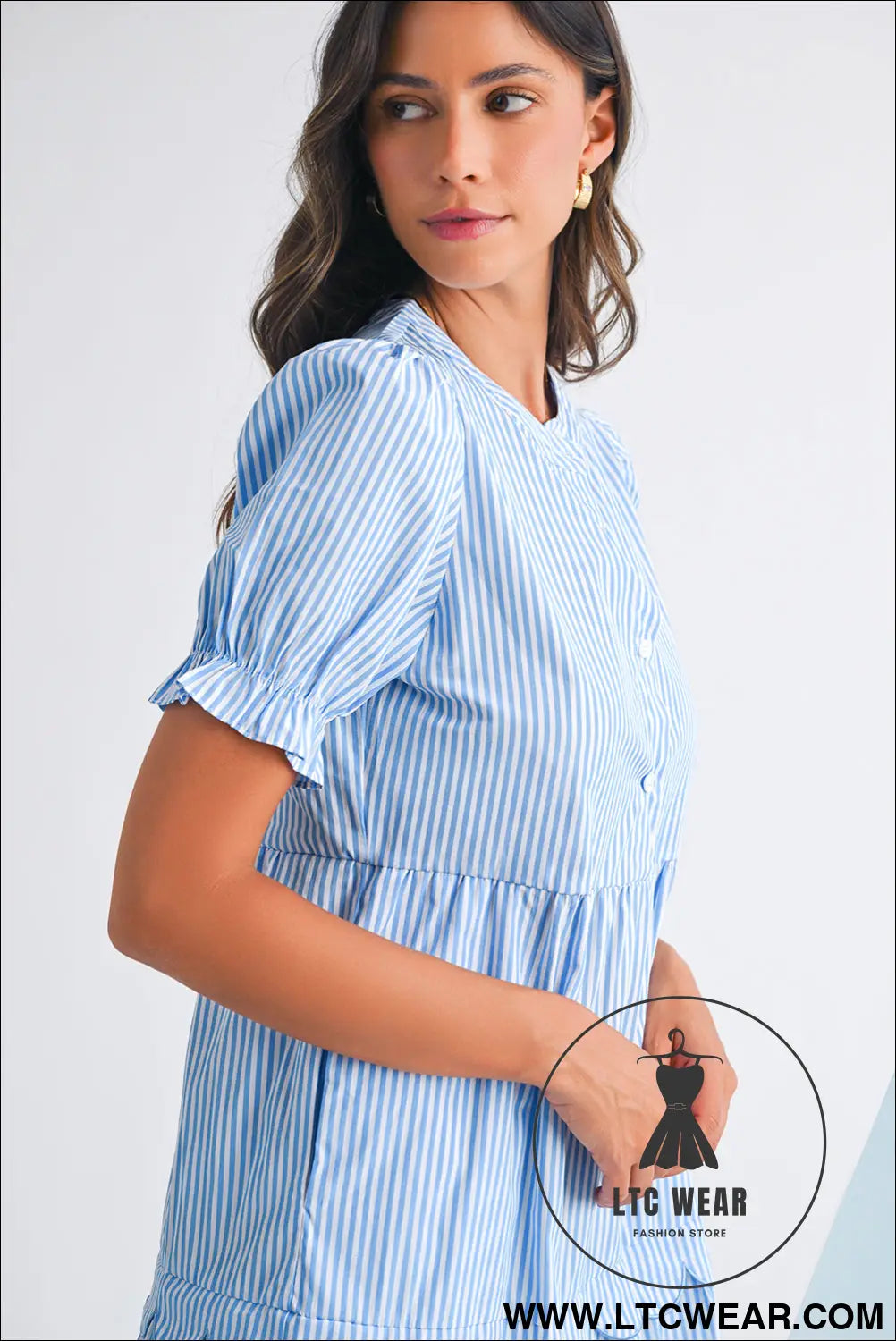 Sky blue stripe bubble sleeve scallop tiered dress - maxi dresses