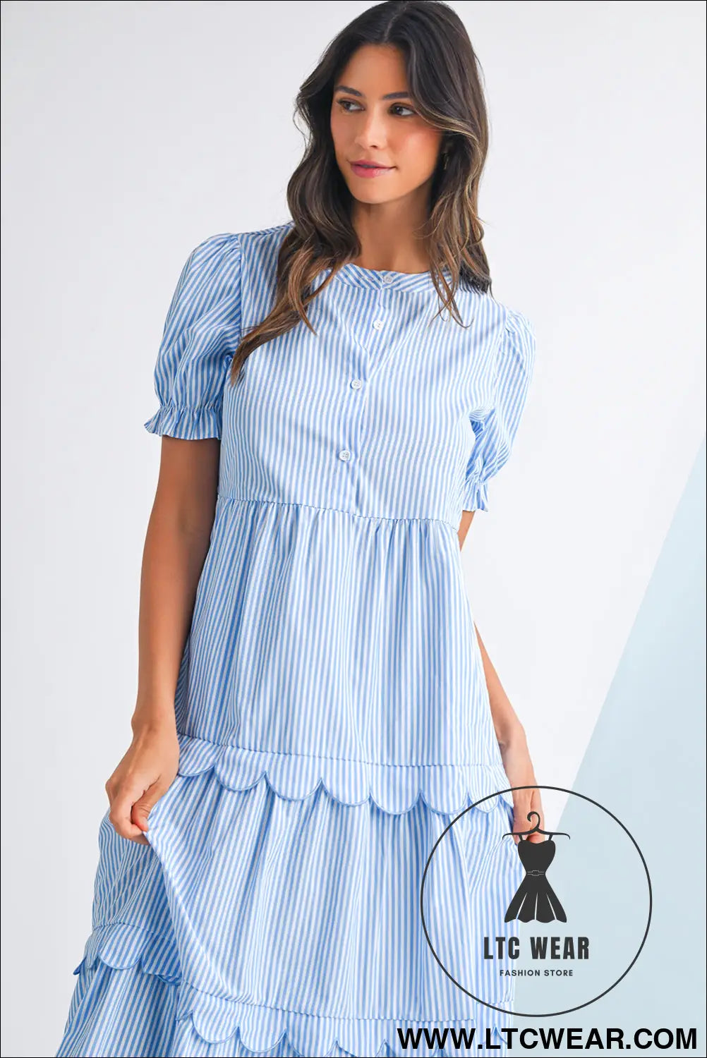 Sky blue stripe bubble sleeve scallop tiered dress - maxi dresses