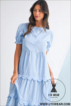Sky blue stripe bubble sleeve scallop tiered dress - maxi dresses