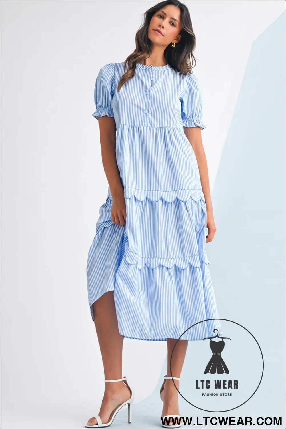 Sky blue stripe bubble sleeve scallop tiered dress - maxi dresses
