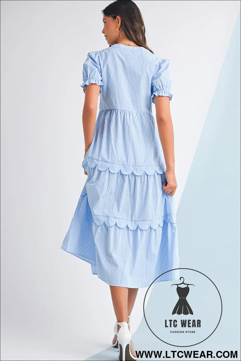 Sky blue stripe bubble sleeve scallop tiered dress - maxi dresses