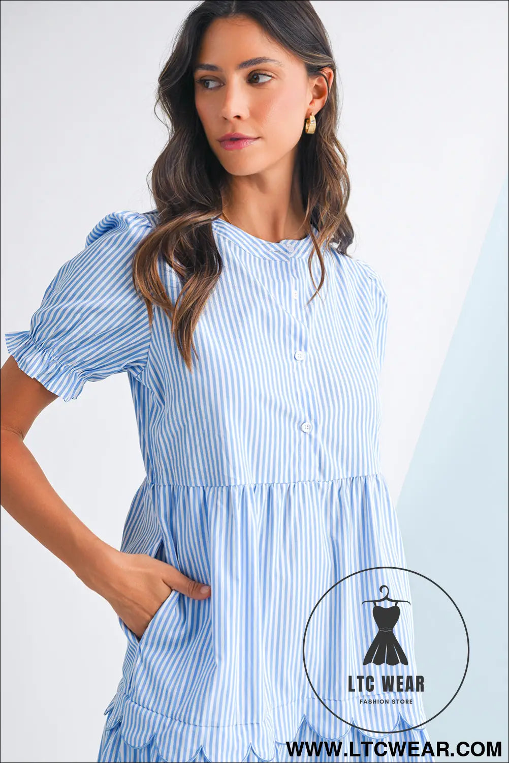 Sky blue stripe bubble sleeve scallop tiered dress - maxi dresses