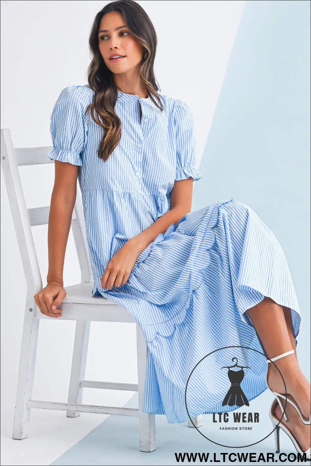 Sky blue stripe bubble sleeve scallop tiered dress - maxi dresses