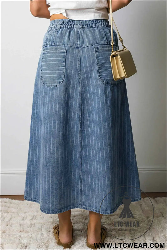 Sky Blue Stripe Button Pintuck High Waist Drawstring Denim Midi Skirt